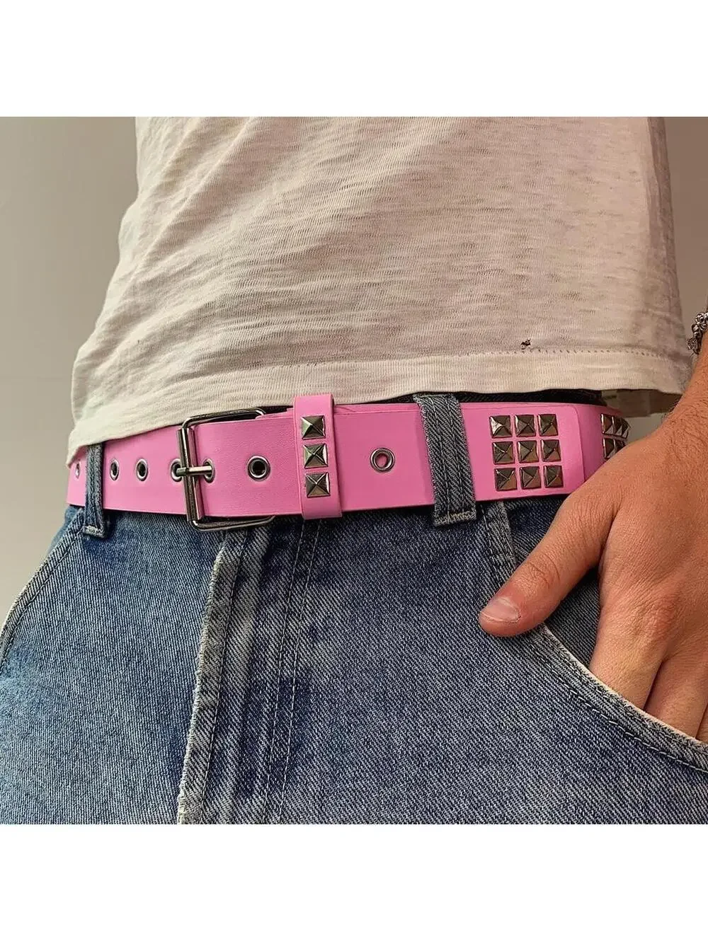 Y2k 2000s style Pink leather with silver studded bel . 39 inches length. Comes n